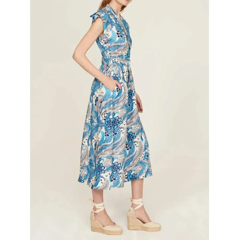 Derek Lam Collective RTR Floral Linen Blend Blue White Dress Size IT 38 US 2 - Picture 2 of 11